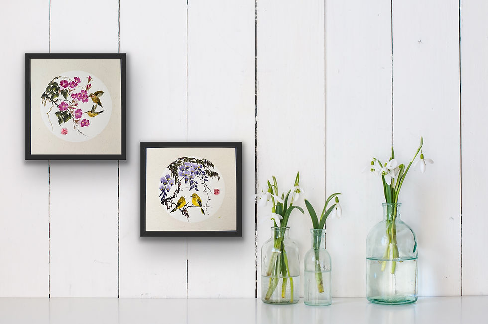 Thumbnail: Morning Garden- Morning glories & Humming birds Chinese brush painting