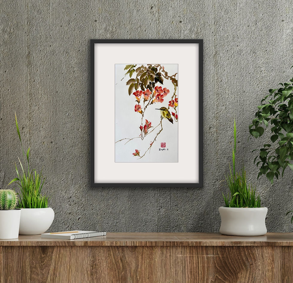 Thumbnail: Silent Moment- Trumpet Vine & Humming bird Chinese brush painting