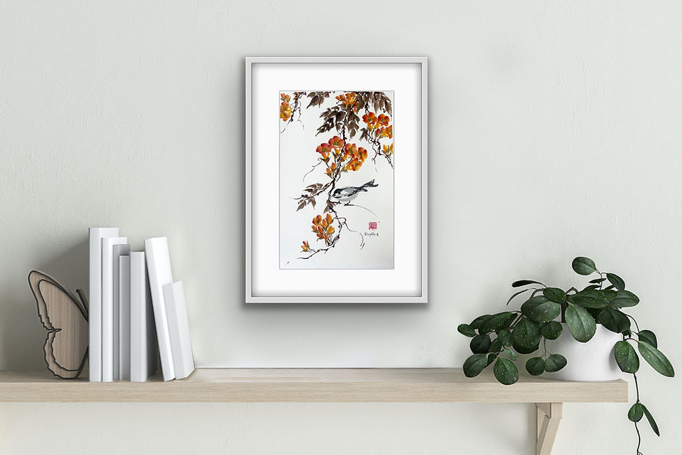 Thumbnail: Gentle Perch- Trumpet Vine & Vine Chinese brush painting