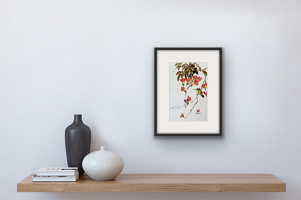 Thumbnail: Silent Moment- Trumpet Vine & Humming bird Chinese brush painting