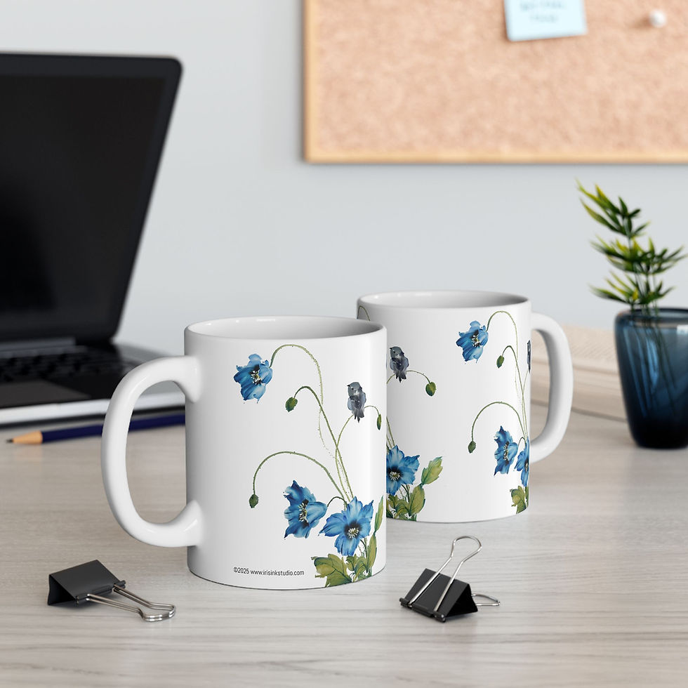 Thumbnail: Blue poppies & bird- Fine Art Ceramic Mug, (11oz, 15oz)