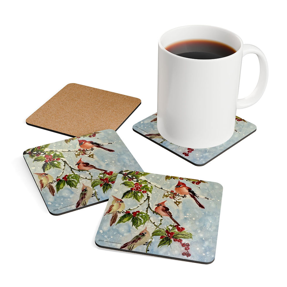 Thumbnail: Holly & Cardinals 2- Corkwood Coaster Set