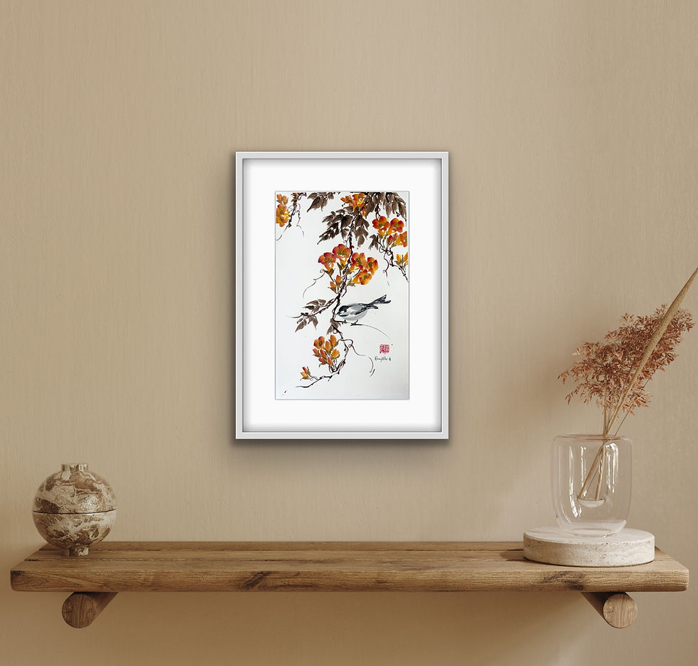 Thumbnail: Gentle Perch- Trumpet Vine & Vine Chinese brush painting