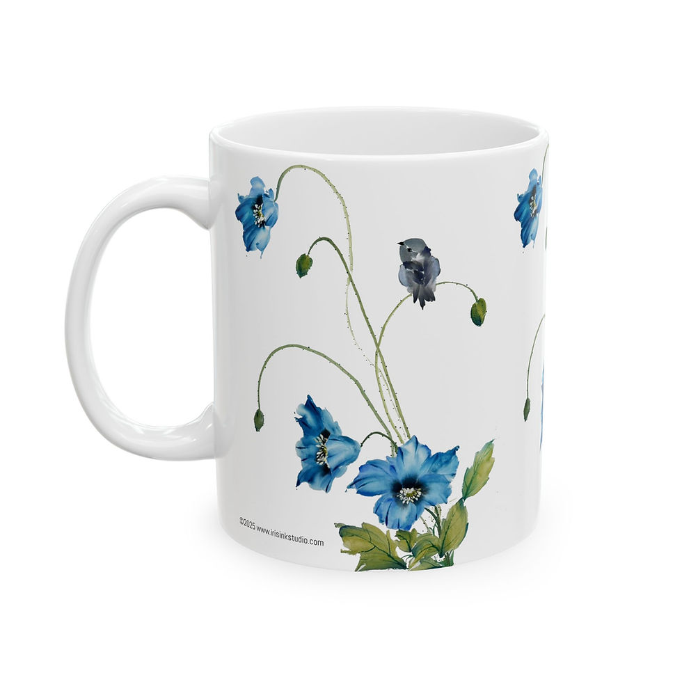 Thumbnail: Blue poppies & bird- Fine Art Ceramic Mug, (11oz, 15oz)