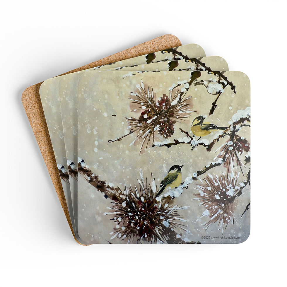 Thumbnail: Pine branches & Chickadees- Corkwood Coaster Set