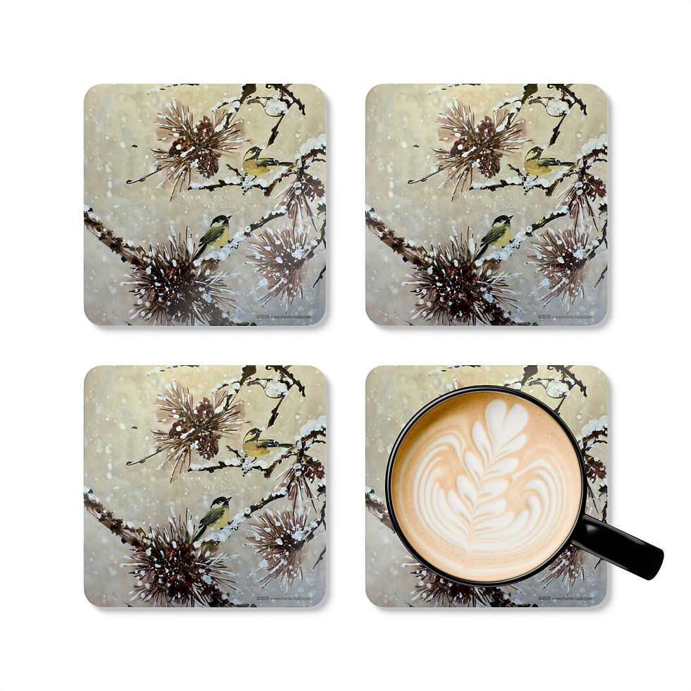 Thumbnail: Pine branches & Chickadees- Corkwood Coaster Set