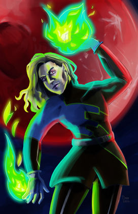 A digital illustration of Lunatic (aka Yuri Petrov) from Tiger and Bunny. Lunatic is shown from mid-thigh up. He faces forward his right arm is down and his left arm is up. Both hands hold cyan, green, and yellow flames. Yuri wears a mostly grey costume with a geometric blue hand design on his right shoulder and blue gloves. His gray hair is loose and blowing to his left. He looks angrily at the viewer. Lunatic is mostly in shadow, only slightly lit by the blue-green light of the fire he holds. Behind him, taking up two-thirds of the background is a large red moon. The rest of the background is dark blue.