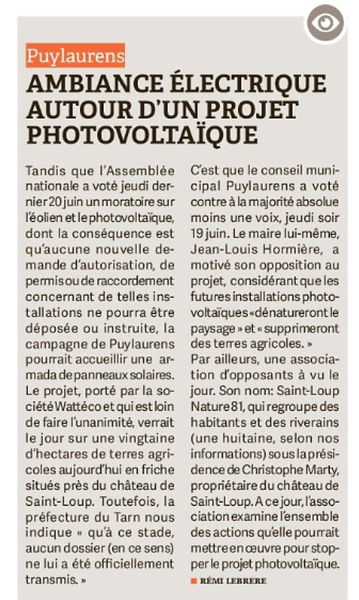 Le journal d'ici juillet 2025 article lutte habitants contre projet agri-voltaïque 81700 Puylaurens St Loup