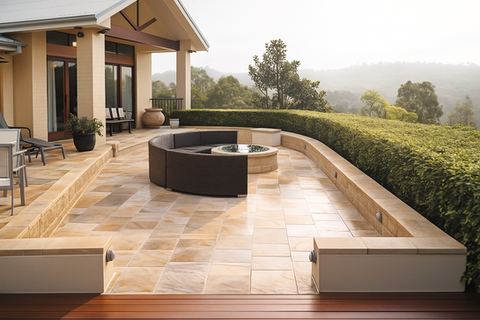 Renovated outdoor terrace with sandstone tiles, curved seating, fire-pit and lush hedges overlooking the Gold Coast hinterland - AllSpec Projects