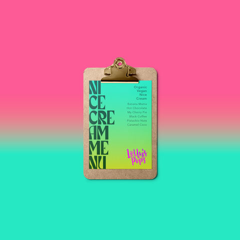 Clipboard showing vegan ice cream menu design, with a turquoise and pink background