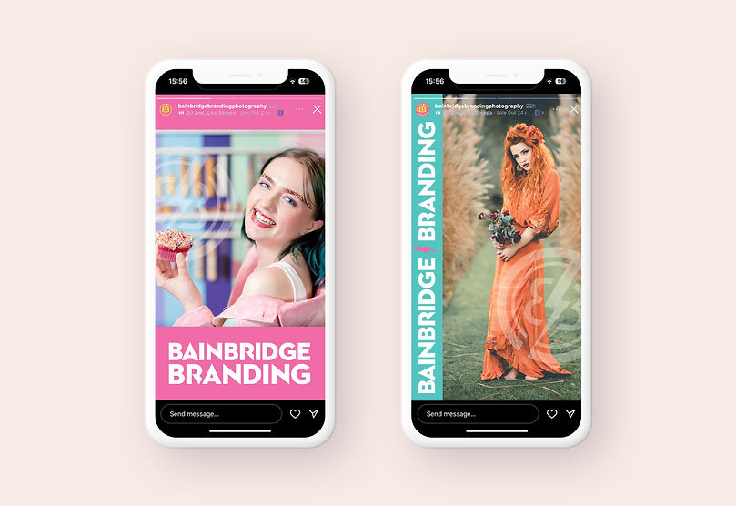 iPhone mockups displaying Instagram stories for Bainbridge Branding, featuring vibrant designs and Rose's photography.
