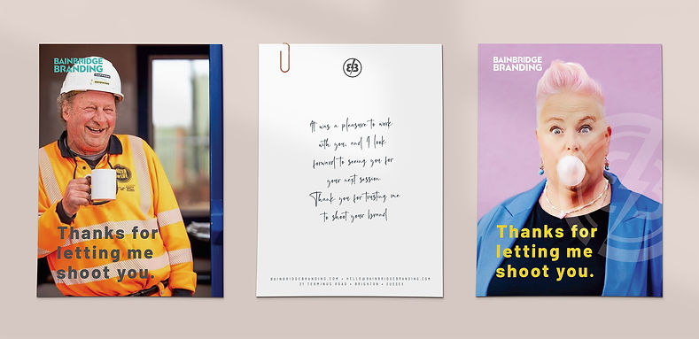Three postcards for Bainbridge Branding: two featuring Rose's photos with the tagline 'Thank you for letting me shoot you,' a