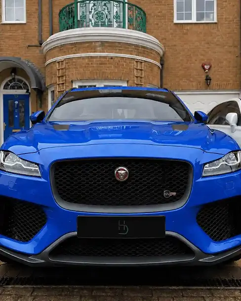 Blue Jaguar F-Pace front, freshly detailed.