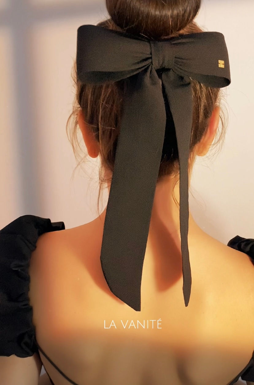 Miniatura: laço preto, laço com pontas preto, laço preto cabelo, acessório de cabelo preto, laço de festa preto, la vanité, oi matilda,