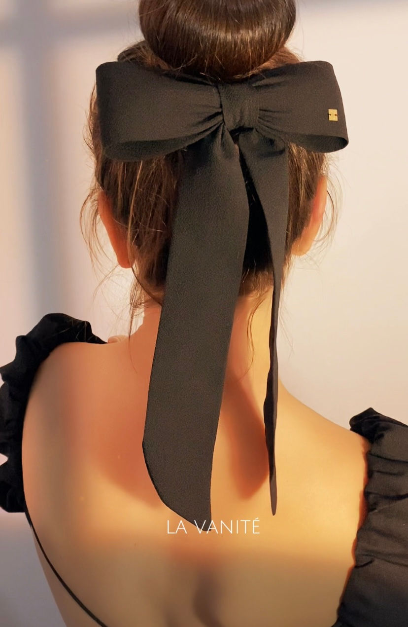 Miniatura: laço preto, laço com pontas preto, laço preto cabelo, acessório de cabelo preto, laço de festa preto, la vanité, oi matilda,