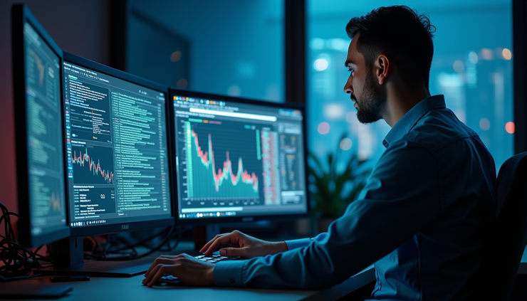 Seitliche Ansicht eines IT-Sicherheitsberaters, der an einem Schreibtisch mit mehreren Bildschirmen arbeitet