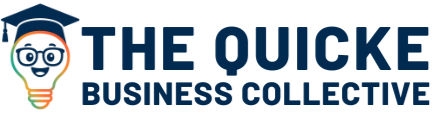 Logo with a lightbulb face in a graduation cap beside navy text THE QUICKE BUSINESS COLLECTIVE on a white background