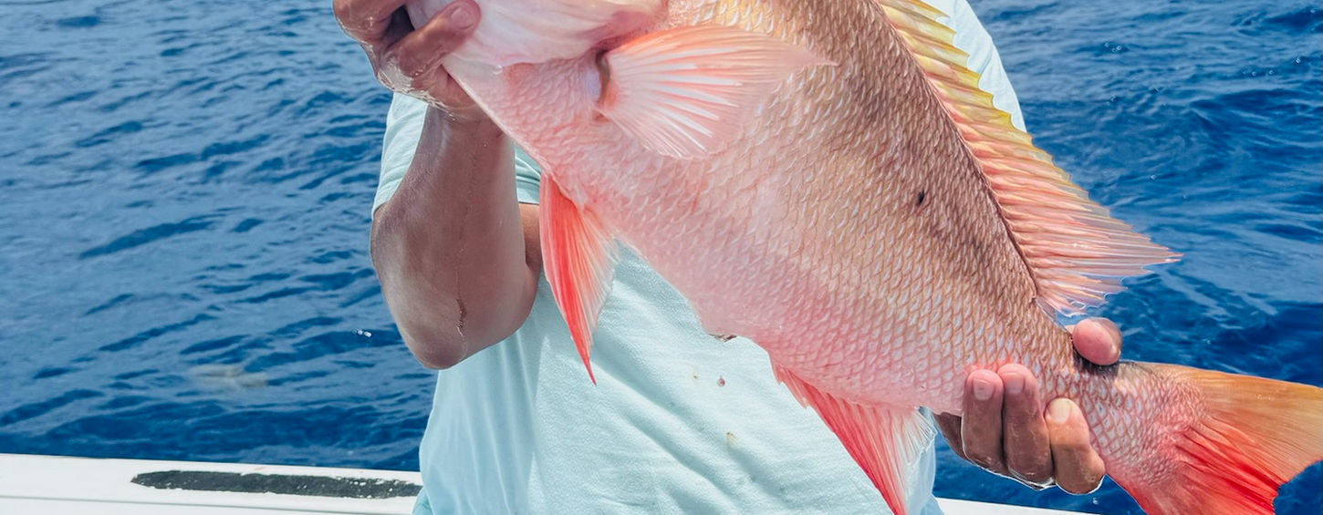 Man wearing sunglasses, a cap, and patriotic shorts proudly holding a large red snapper on a boat with deep blue ocean and partly cloudy sky in the background.