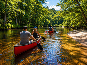 People canoeing in red canoes on the Blackwater River in Northwest Florida with clear water and shaded forest surroundings