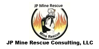 Official logo for JP Mine Rescue Consulting, LLC featuring a mine rescue worker graphic with a flame background representing emergency mine rescue and safety consulting services.