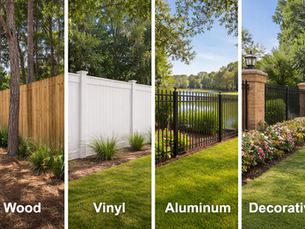 Comparison of residential fencing types in Fort Walton Beach FL including wood privacy fencing, vinyl fencing, aluminum fencing, and decorative boundary fencing installed in residential yards.