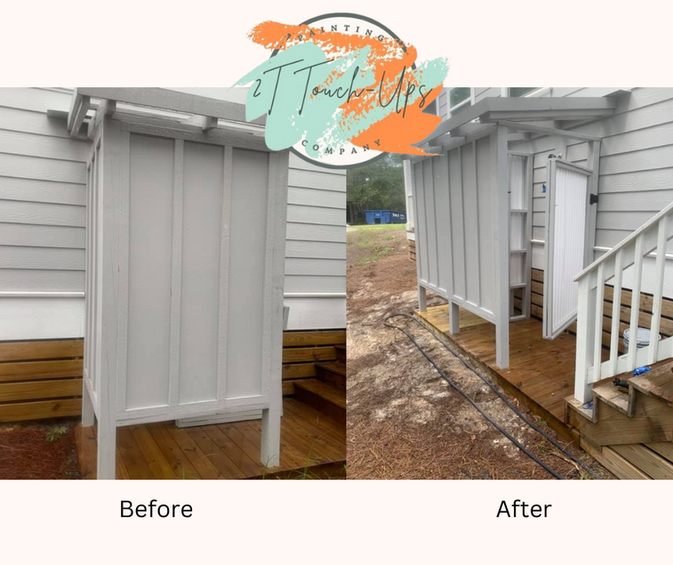 2T Touch-ups: Before and after of an exterior refresh, featuring a restored and polished entryway structure for a clean, inviting look.