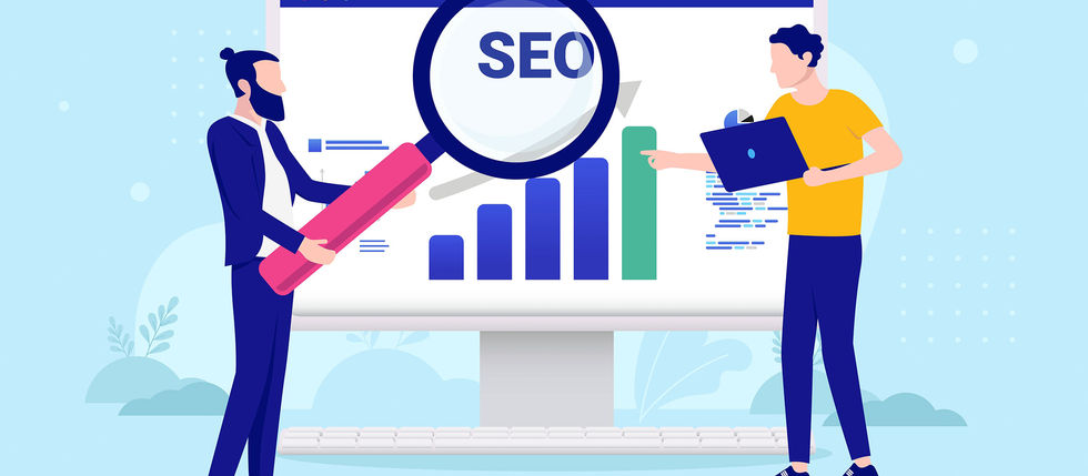 Illustration of SEO analysis and search engine optimization strategy showing keyword research, performance analytics, and organic traffic growth for small businesses and local SEO campaigns.