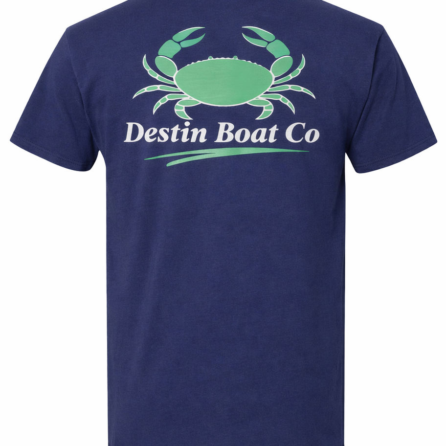 Destin Boat Company crab logo t shirt back design with coastal graphic print