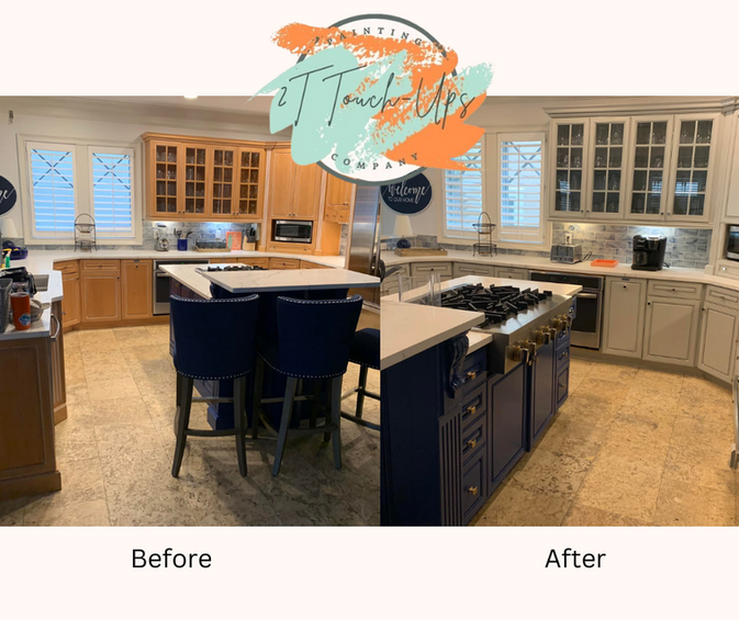 2T Touch-ups transformed this kitchen with a stylish navy and white color scheme, bringing a fresh and sophisticated look to the space.