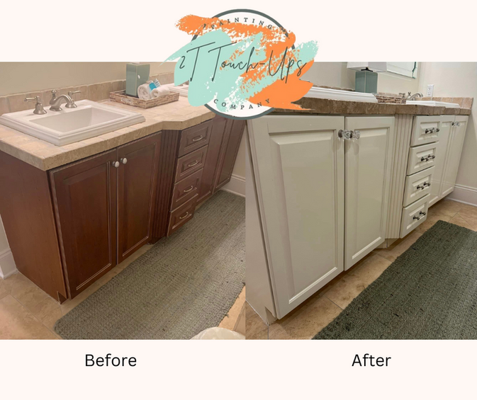Bathroom cabinet transformation by 2T Touch-ups: Before—dark wood finish; After—elegant light cream for a refreshed and modern look.