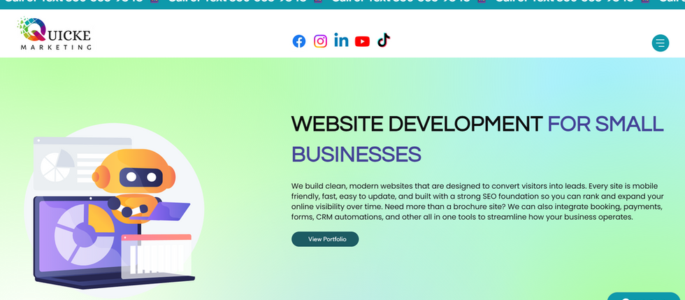 Website development for small businesses graphic by Quicke Marketing showcasing modern website design, user-friendly layout, and SEO-focused structure for businesses in Pensacola and Fort Walton Beach FL.