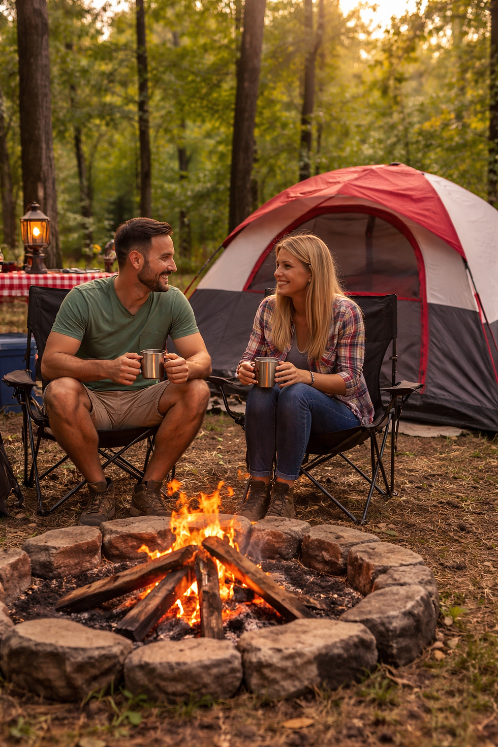 Couple tent camping in Escambia County, Florida sitting by a campfire near their tent, enjoying a peaceful outdoor camping experience in the woods.