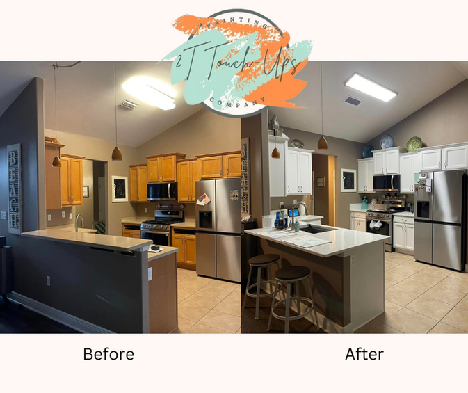2T Touch-ups: Dramatic kitchen upgrade! Before—classic wood tones; After—modern bright cabinets with a spacious, contemporary feel.