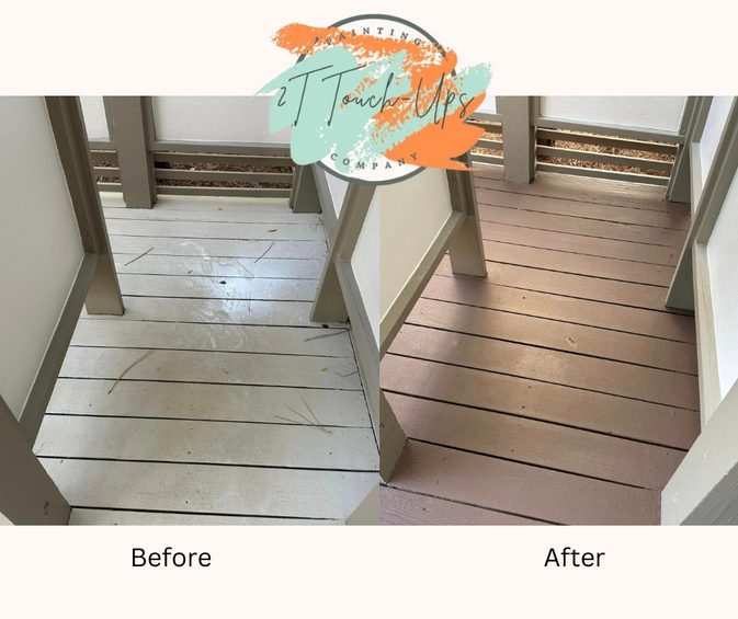 2T Touch-ups: Professional deck painting transforming worn surfaces into refreshed, durable finishes. Before and after results that shine!
