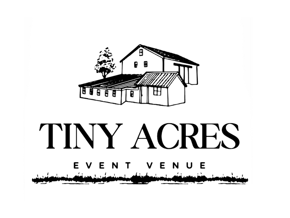 Logo for Tiny Acres Event Venue featuring a detailed black and white illustration of a barn-style building with a tree in the background. Below the image, the text reads “Tiny Acres” in bold serif font, with “Event Venue” in smaller letters beneath, accented by a textured line resembling grass or soil.
