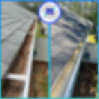 Before and after image of a house gutter—left side filled with pine needles and debris, right side completely cleared and clean after professional gutter cleaning, with Mikie’s Pressure Washing logo at the top.