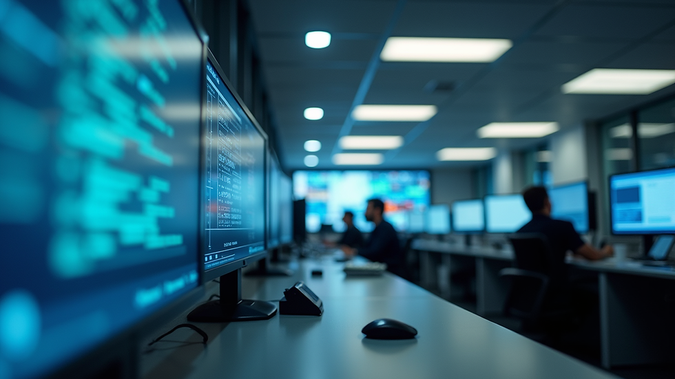 Eye-level view of a government office with digital screens displaying data