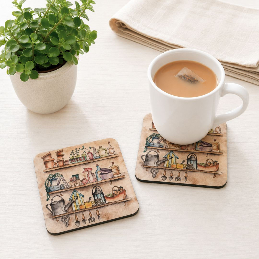 The Potting Shed watercolour coaster with tea mug on gardening themed cork backed coaster