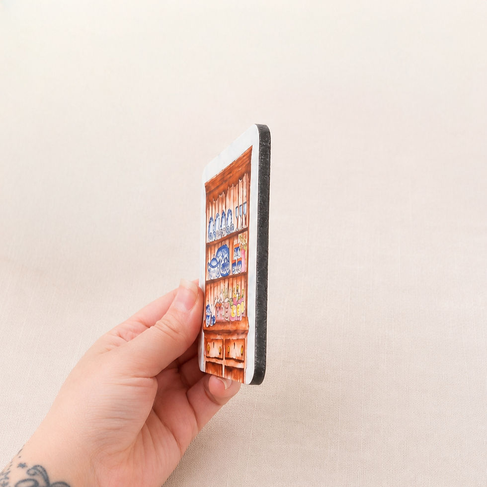 Thumbnail: Side view of The Country Kitchen coaster showing 4mm thickness and cork backing