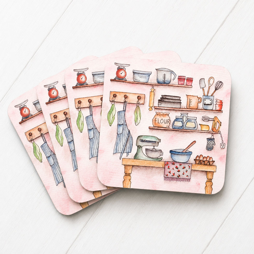 Thumbnail: Set of four bakery themed watercolour coasters with cork backing