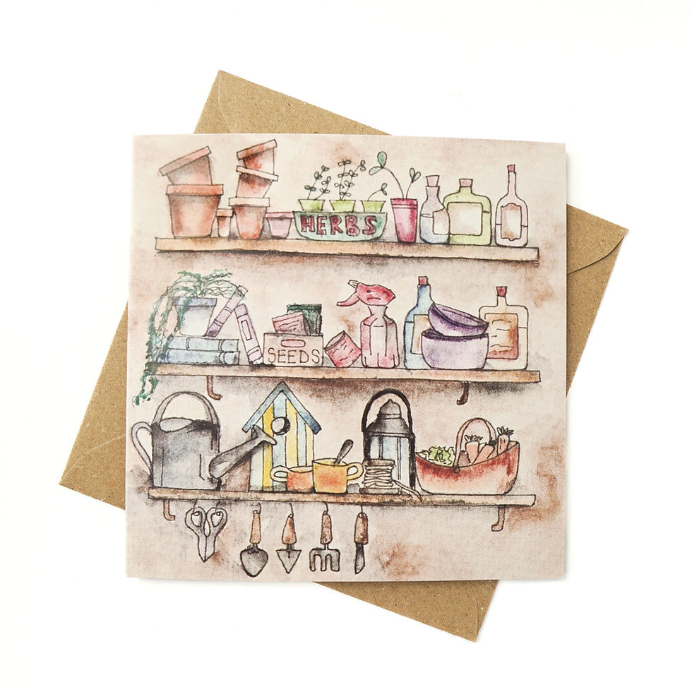 The potting shed watercolour greeting card front view