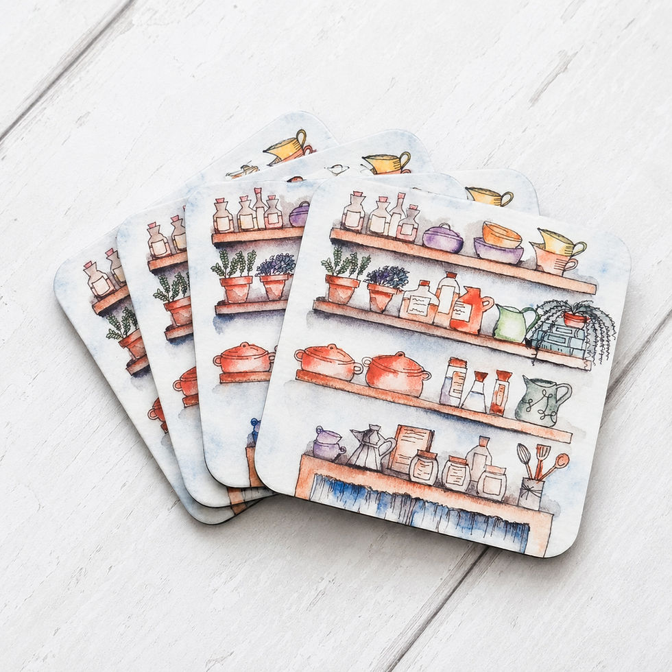 Thumbnail: Set of four The Pantry watercolour coasters featuring a pantry shelf illustration