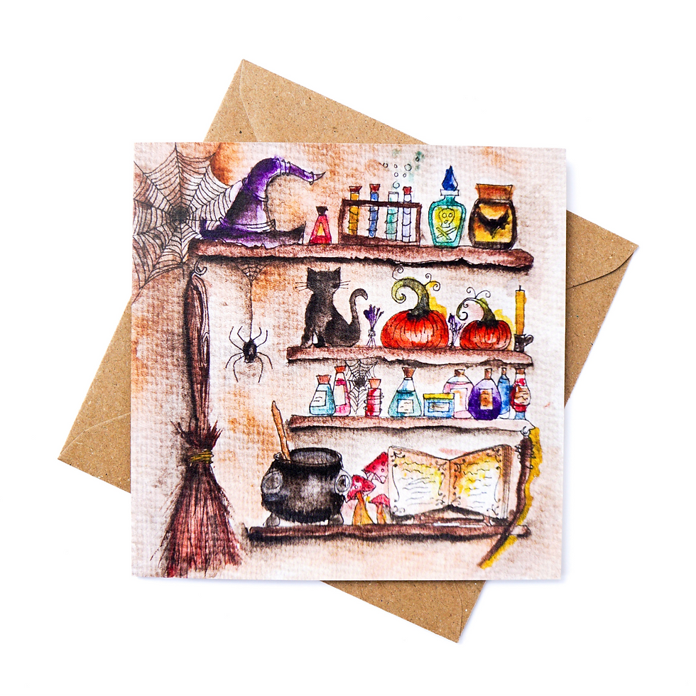 The witches parlour watercolour greeting card front view