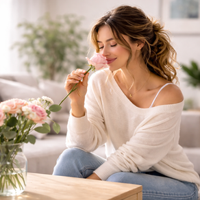 A woman smelling a pink rose in a bright living room, illustrating how our sense of smell adapts to fragrance over time.