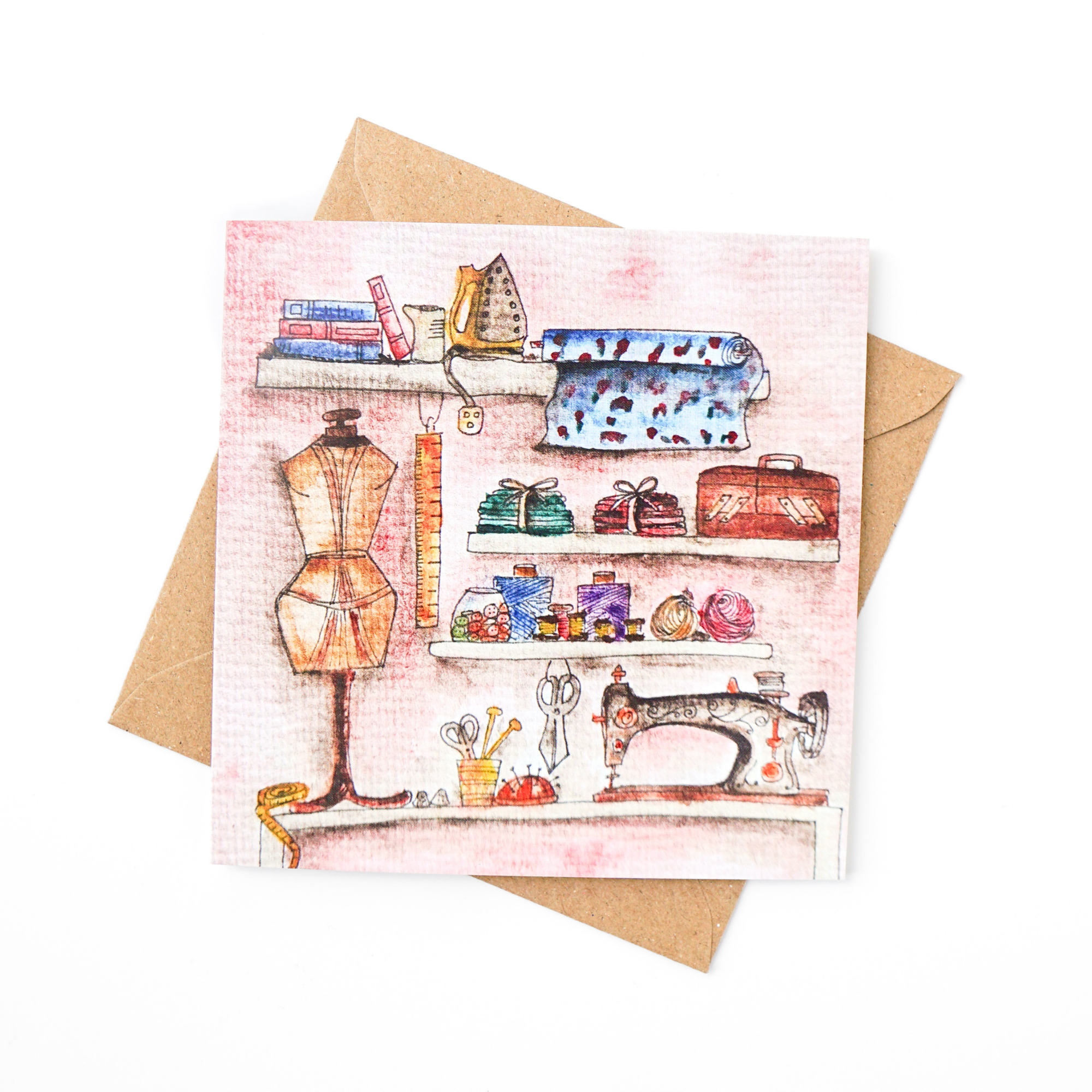Sewing Room illustrated greeting card and kraft envelope front view