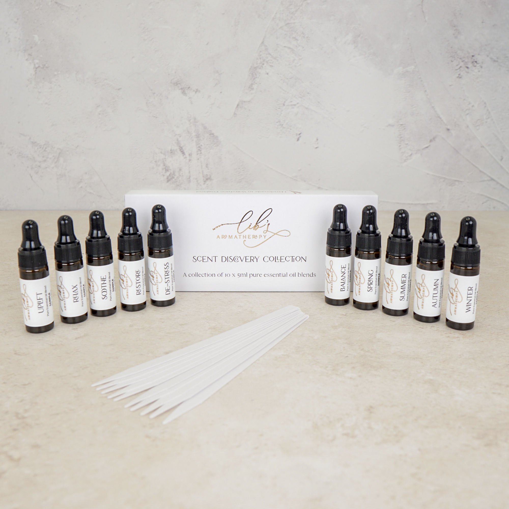 Trade scent discovery collection featuring 10 pure essential oil blends with scent strips for wholesale and spa enquiries.