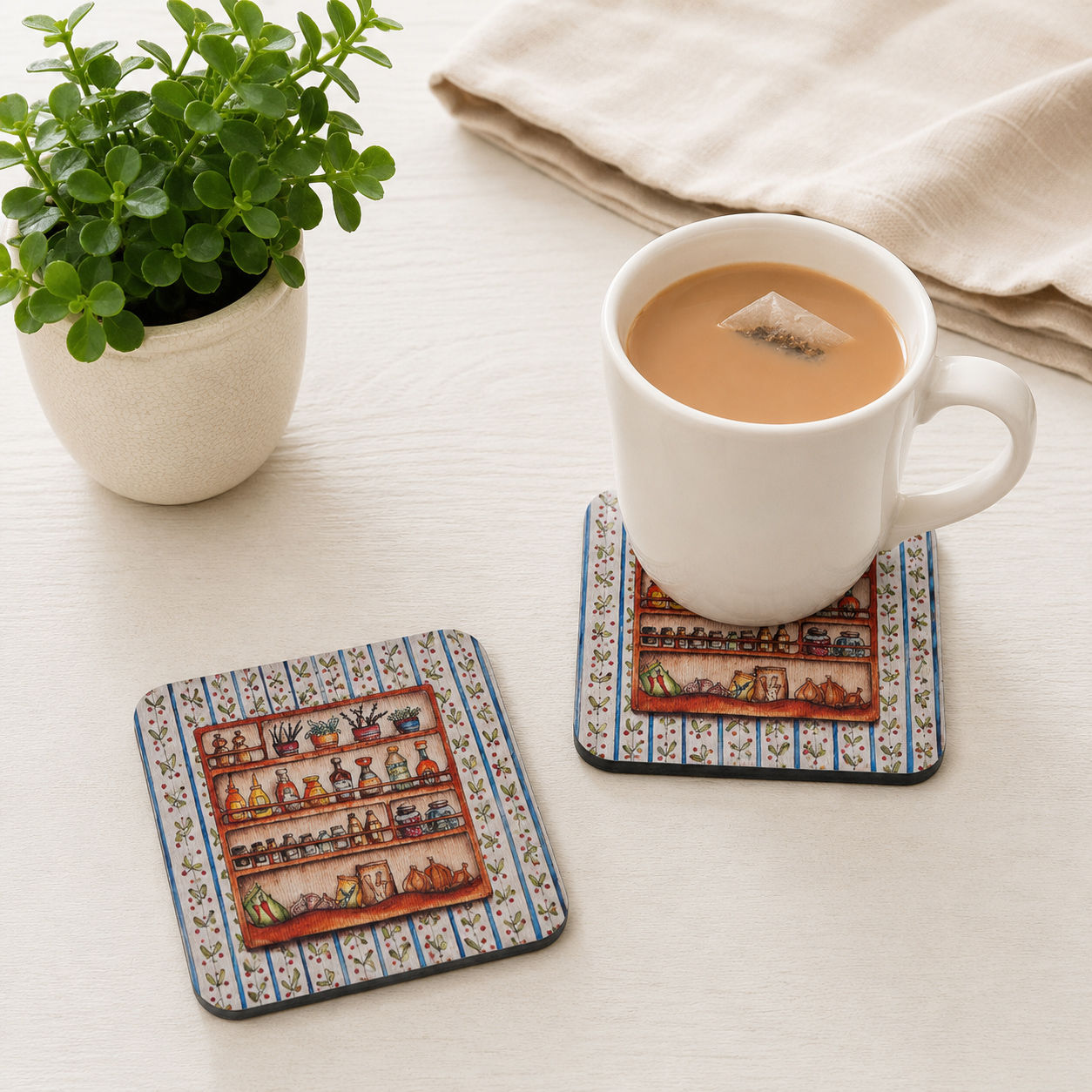 The Spice Rack watercolour coaster with tea mug on country kitchen themed cork backed coaster