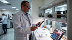 John Hannan at lab workbench reviewing validation results