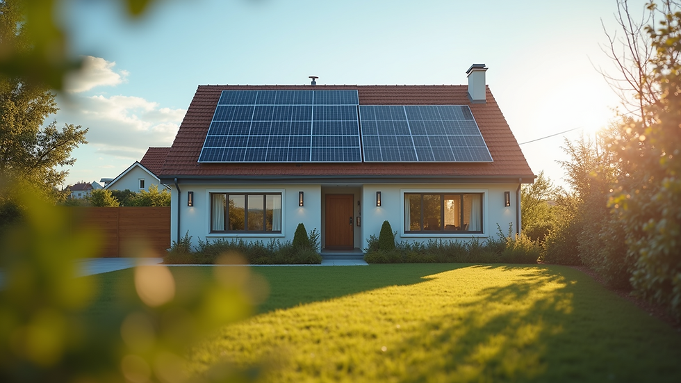 Eye-level view of a residential house with solar panels on the roof