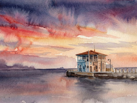 Sunset over the sea seen from Koço Restaurant's terrace, across from Moda Pier in Kadıköy